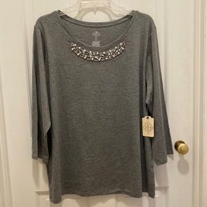 St John Bay Top 2/$10 Size 2X, 3/4 Length Sleeve Beaded Pearl Neckline NWT